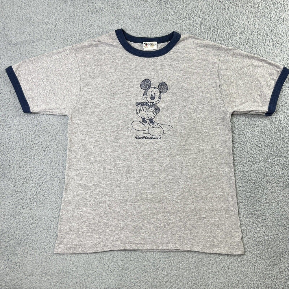 Vintage Walt Disney World Mickey Mouse Embroidered Size Large T-Shirt Gray